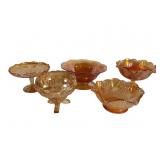 Marigold Carnival Glass Bowl and Compote, 5 Pcs