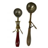 Two Vintage Ice Cream Scoopers, Brass/Wood