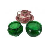 Green Glass Bowls and Enoch Woods Red andWhite