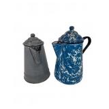 Blue White and Grey Graniteware Coffee Pots