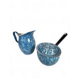 Blue Enamelware Pitcher and Saucepan Set