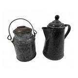 Two Gray Enamel Pots with Lids
