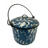 Blue and White Enamelware Pail with Lid