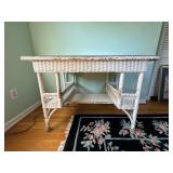 Vintage White Wicker Desk with Glass Top