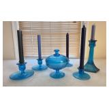 5 Iridescent Blue Glass Candlestick and Compote