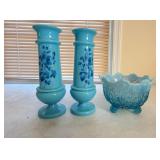 Northwood Blue Opalescent Bowl & 2 Bristol Vases