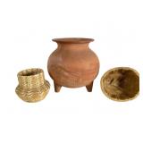 Yellowware Food Mold, Woven Basket & Terrcota Pot