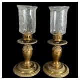 Pair Antique Brass Lamps with Etched Glass