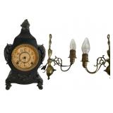 Ansonia Cast Metal Clock & Brass Sconces