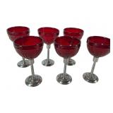 Six Art Deco Red Glass and Metal Goblets