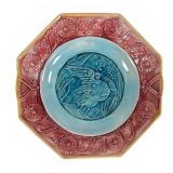 Majolica Footed Shallow Bowl with Bird Relief