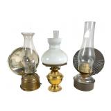3 Oil Lamps, England, Glass and Tin