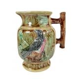 Majolica Pitcher with Bird Design, 9 in.