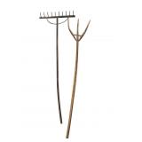 Primitive Wooden Pitchfork and Rake