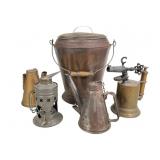 Antique Ash Bucket, Brass Torch, Oil Jugs Lot