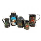 Five 1970s Signed Toleware Painted Metal Lot