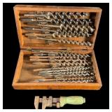 Wooden Box Set of Vntg Auger Bits with Wrench