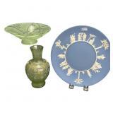Wedgwood Plate, Loetz Style Vase, Consolidated Bow