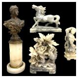 Asian Soapstone Sculptures & Early Spelter Bust Lo