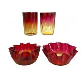 Amberina Diamond Optic Tumblers and Bowls Set