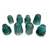8 Aqua Glass Insulators, Various, Star Marked