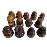 13 Brown Porcelain Insulators, 4 Inches Tall