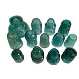 13 Aqua Glass Insulators, Brooksfield, FLOY,
