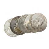 5 Silver Franklin Half Dollars, Circulated
