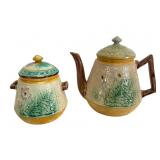 Majolica Flower & Fern Teapot & Lidded Sugar