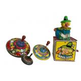 Three Vintage Tin Litho Spinning Tops and Music Bo
