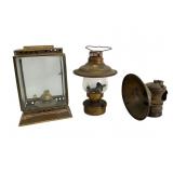 Miner Head Lamp & Two Brass Oil Lamps