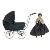China Head Doll & Antique Wicker Doll Stroller
