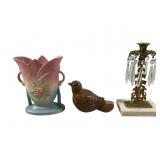 Roseville Pottery Vase, Stone Bird & Brass C.