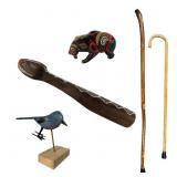 Wooden Walking Sticks & Handcarved Animal Lot
