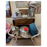 Pine Cabinet, Pots & Pans, Bread Box & Pyrex