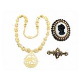 Carved Bone Necklace & Costume Brooches