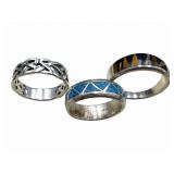 3 Sterling Silver Inlaid Rings, 2 Signed