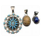 3 Signed Sterling & Stone Pendants