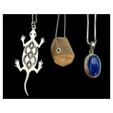 3 Sterling Necklaces with Lizard, Labradorite