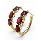 14K Gold & Garnet Hoop Earrings, 1 Inch