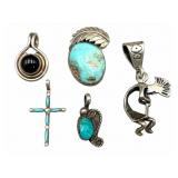4 Silver Pendants & Ring Top, Turquoise