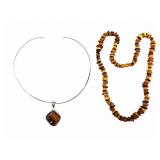 Sterling & Amber Collar Pendant Necklace Set