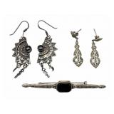 Sterling Earrings & Victorian Style Brooch