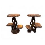 Pair Live Edge Wood Side Tables w/ Three Shelves