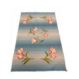 Hand Woven Blue Area Rug with Pink Tulips