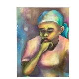 Painting of Woman with Basket in Pastel Tones