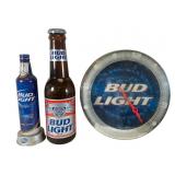 Bud Light Bar Sign, Wall Clock & Bottle Bank