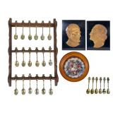 Souvenir Spoons with Wood Rack, President Pla