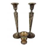 Pair Weighted Sterling Candlesticks & Vase