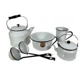 White Enamelware Kettles, Bowl, Ladle,